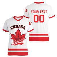 Custom Canada 2026 Hockey Women V-Neck T-Shirt Team Maple Leaf White Version - Wonder Print Shop