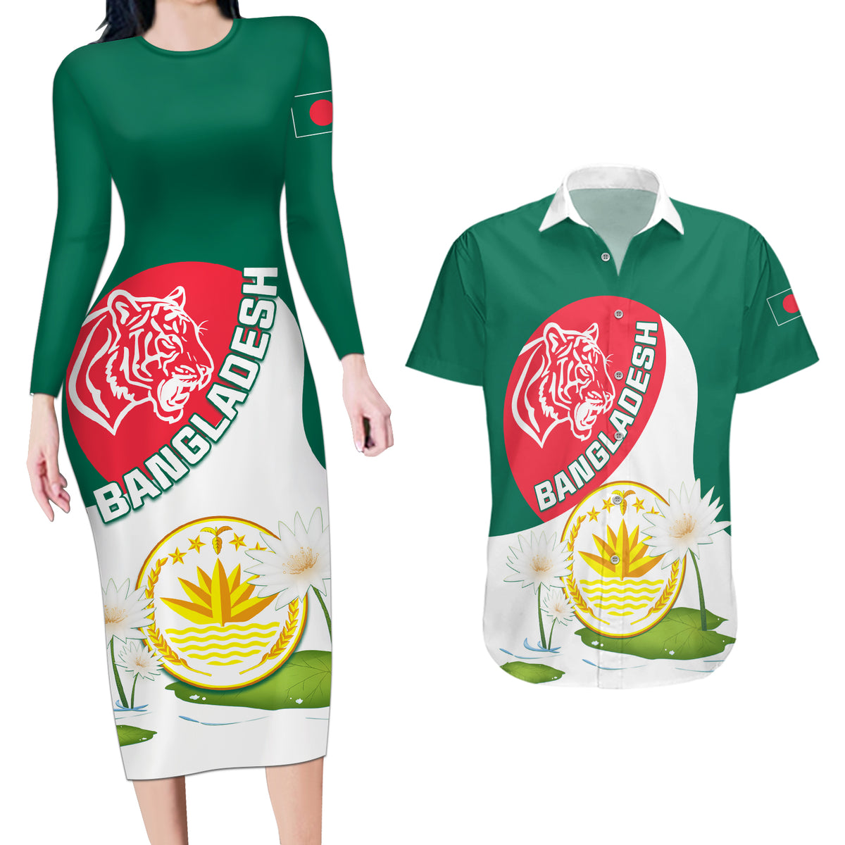 Bangladesh Independence Day Couples Matching Long Sleeve Bodycon Dress and Hawaiian Shirt Royal Bengal Tiger With Water Lily - Wonder Print Shop