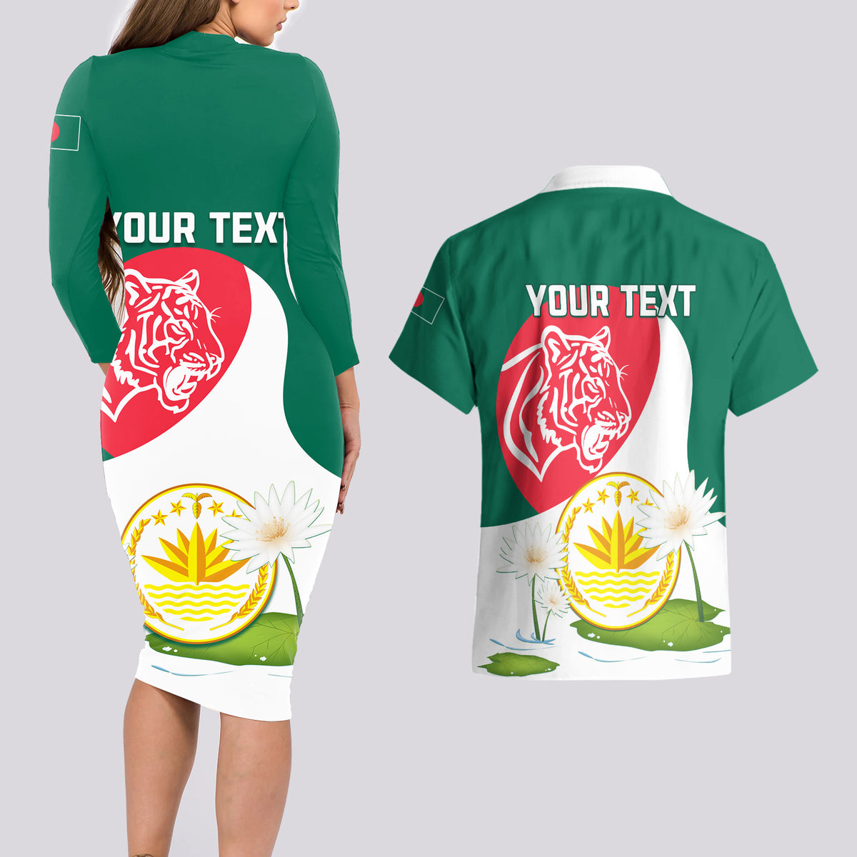 Bangladesh Independence Day Couples Matching Long Sleeve Bodycon Dress and Hawaiian Shirt Royal Bengal Tiger With Water Lily - Wonder Print Shop