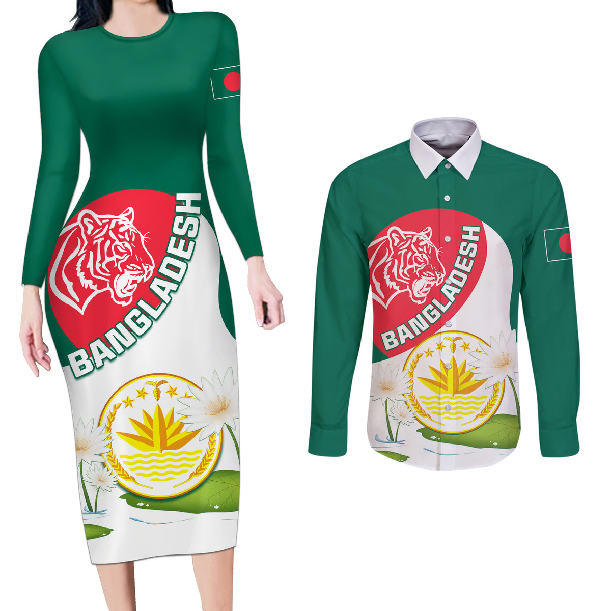 Bangladesh Independence Day Couples Matching Long Sleeve Bodycon Dress and Long Sleeve Button Shirt Royal Bengal Tiger With Water Lily - Wonder Print Shop