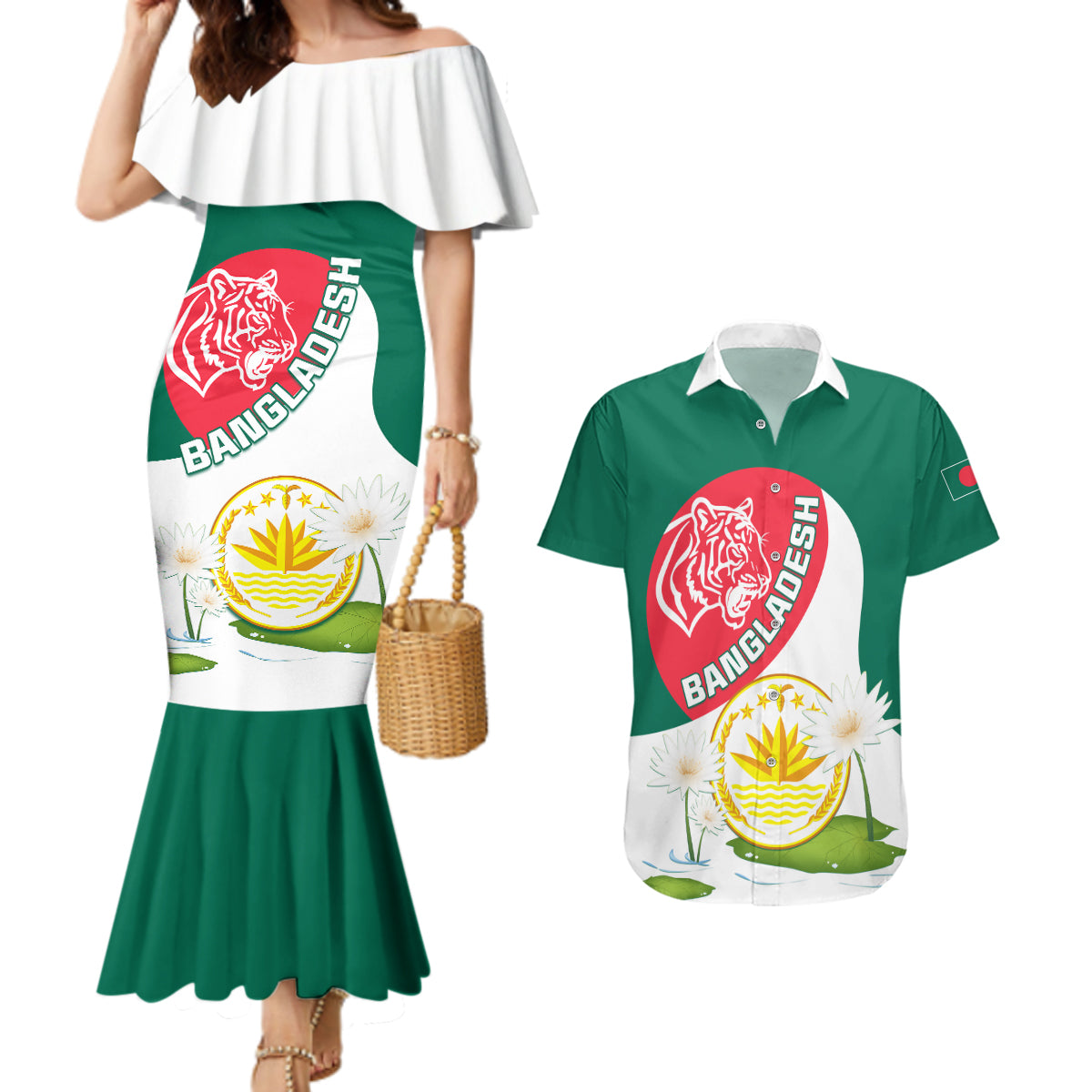 Bangladesh Independence Day Couples Matching Mermaid Dress and Hawaiian Shirt Royal Bengal Tiger With Water Lily - Wonder Print Shop