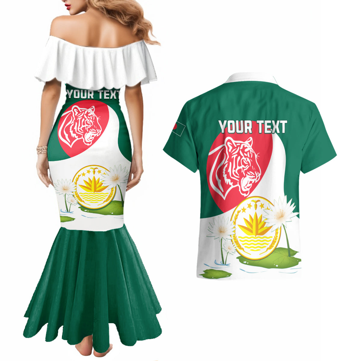 Bangladesh Independence Day Couples Matching Mermaid Dress and Hawaiian Shirt Royal Bengal Tiger With Water Lily - Wonder Print Shop