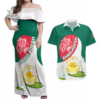 Bangladesh Independence Day Couples Matching Off Shoulder Maxi Dress and Hawaiian Shirt Royal Bengal Tiger With Water Lily - Wonder Print Shop