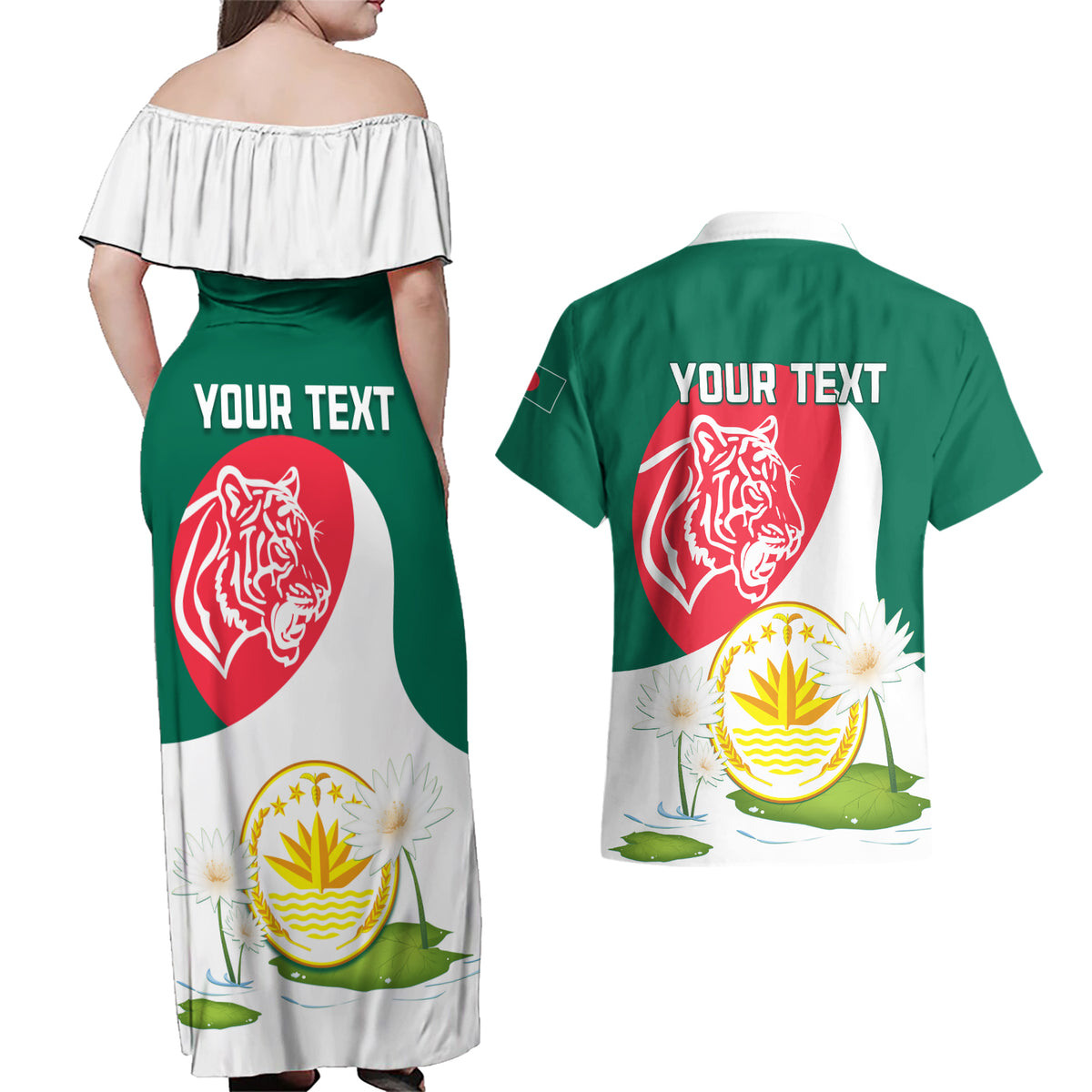 Bangladesh Independence Day Couples Matching Off Shoulder Maxi Dress and Hawaiian Shirt Royal Bengal Tiger With Water Lily - Wonder Print Shop