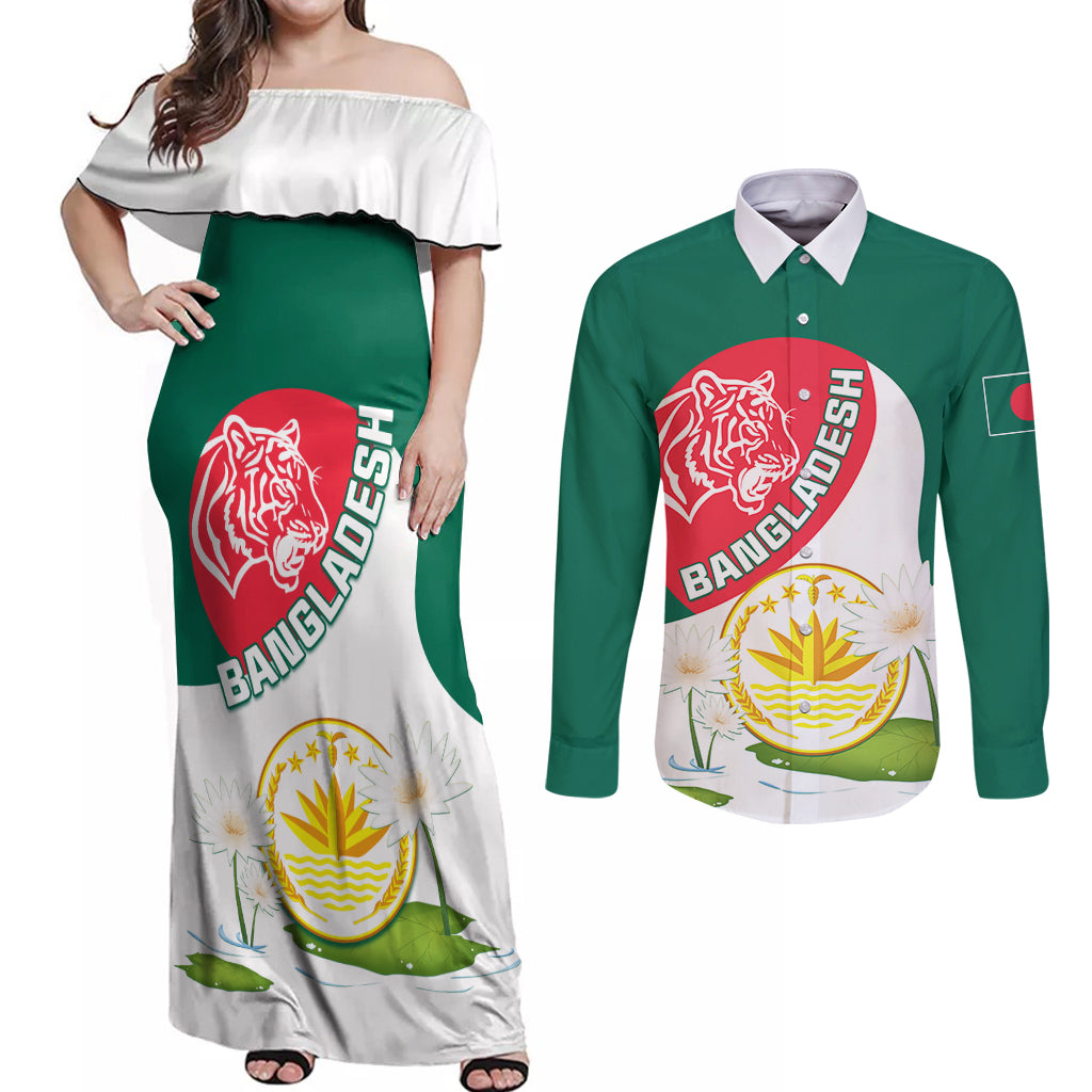 Bangladesh Independence Day Couples Matching Off Shoulder Maxi Dress and Long Sleeve Button Shirt Royal Bengal Tiger With Water Lily - Wonder Print Shop