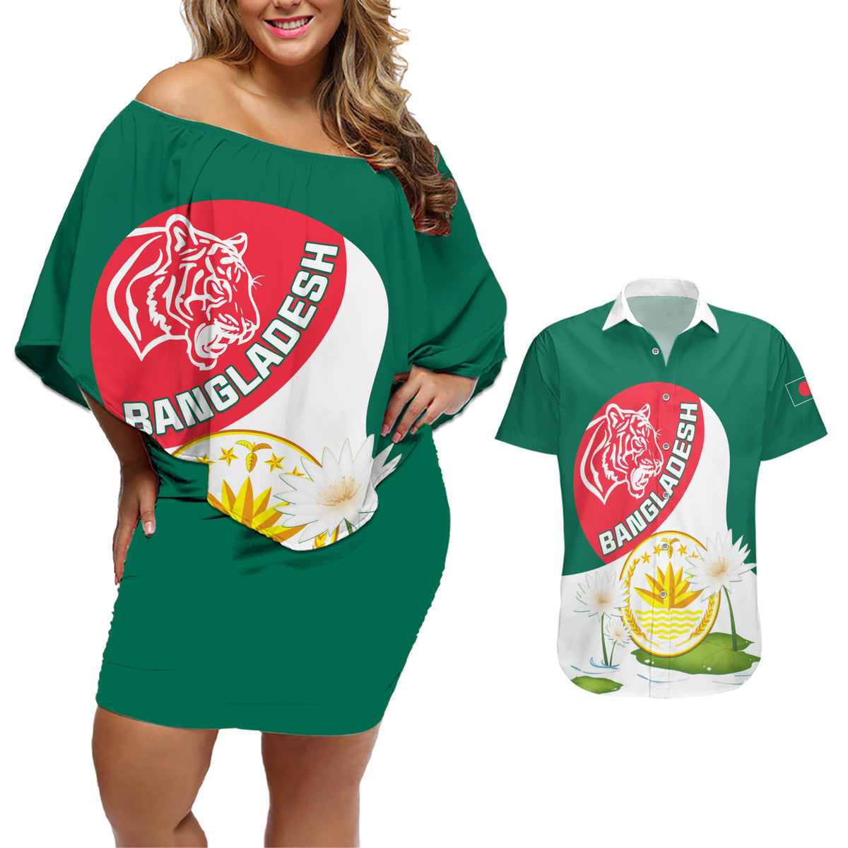 Bangladesh Independence Day Couples Matching Off Shoulder Short Dress and Hawaiian Shirt Royal Bengal Tiger With Water Lily - Wonder Print Shop