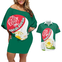 Bangladesh Independence Day Couples Matching Off Shoulder Short Dress and Hawaiian Shirt Royal Bengal Tiger With Water Lily - Wonder Print Shop