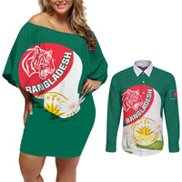 Bangladesh Independence Day Couples Matching Off Shoulder Short Dress and Long Sleeve Button Shirt Royal Bengal Tiger With Water Lily - Wonder Print Shop