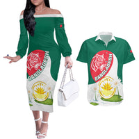 Bangladesh Independence Day Couples Matching Off The Shoulder Long Sleeve Dress and Hawaiian Shirt Royal Bengal Tiger With Water Lily - Wonder Print Shop