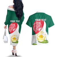 Bangladesh Independence Day Couples Matching Off The Shoulder Long Sleeve Dress and Hawaiian Shirt Royal Bengal Tiger With Water Lily - Wonder Print Shop