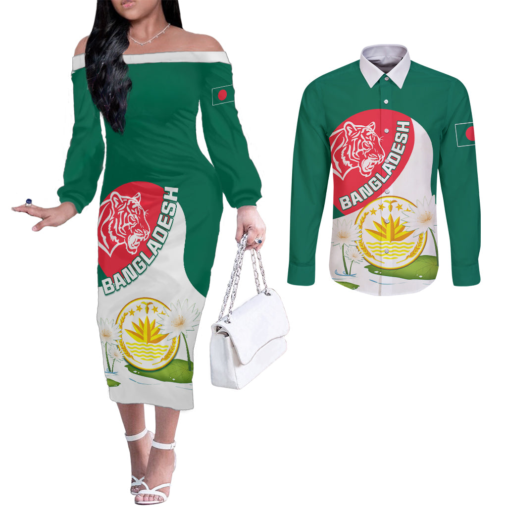 Bangladesh Independence Day Couples Matching Off The Shoulder Long Sleeve Dress and Long Sleeve Button Shirt Royal Bengal Tiger With Water Lily