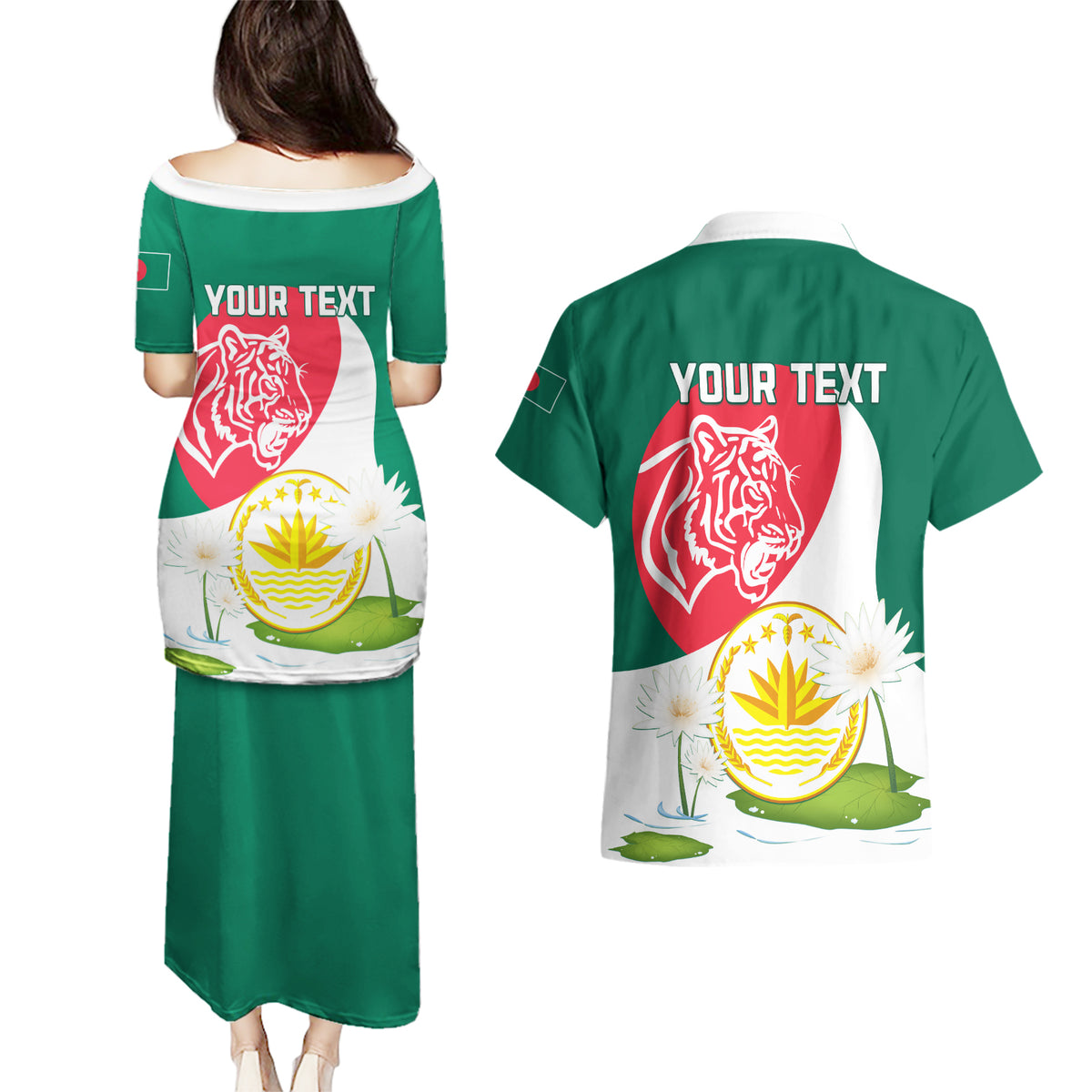 Bangladesh Independence Day Couples Matching Puletasi and Hawaiian Shirt Royal Bengal Tiger With Water Lily - Wonder Print Shop