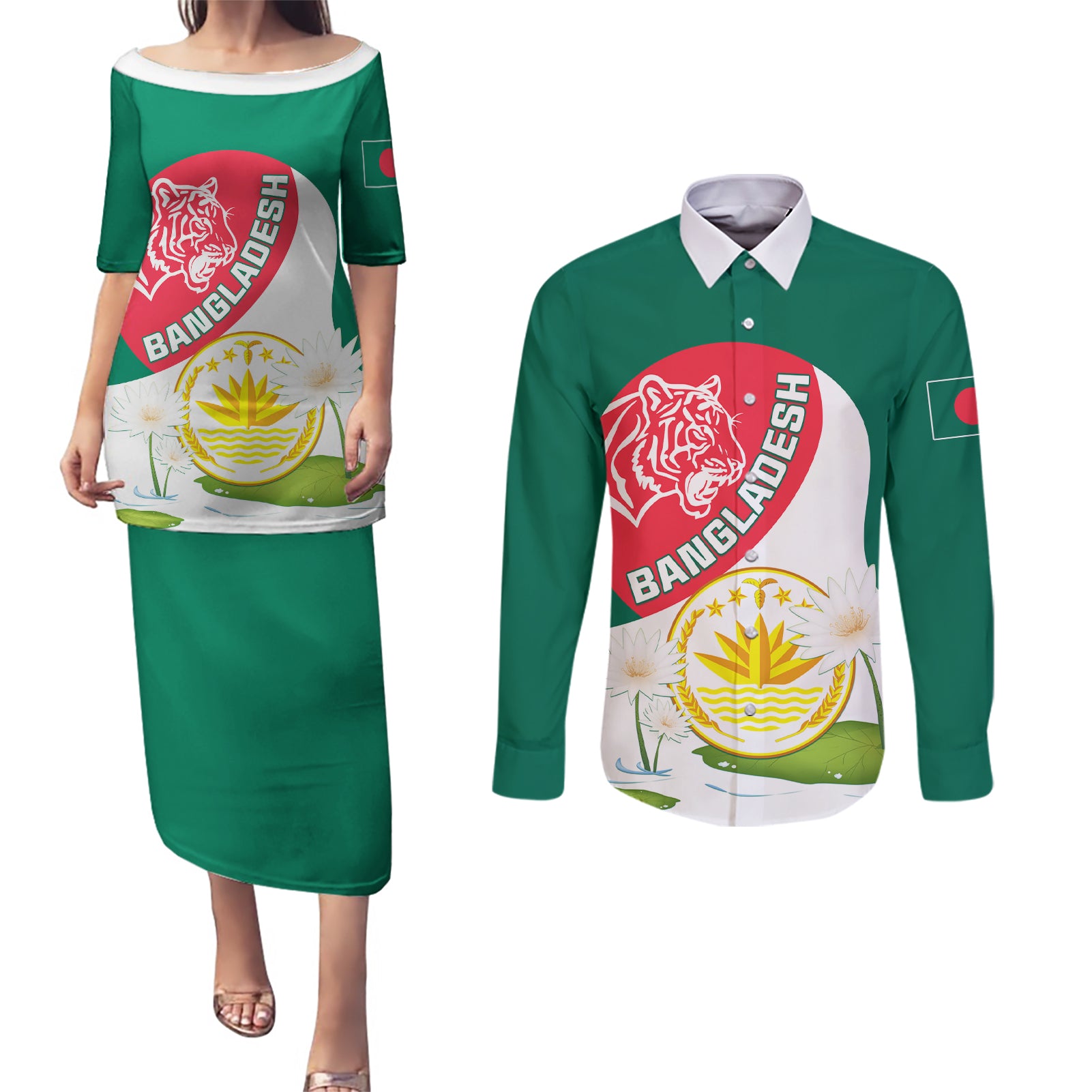 Bangladesh Independence Day Couples Matching Puletasi and Long Sleeve Button Shirt Royal Bengal Tiger With Water Lily