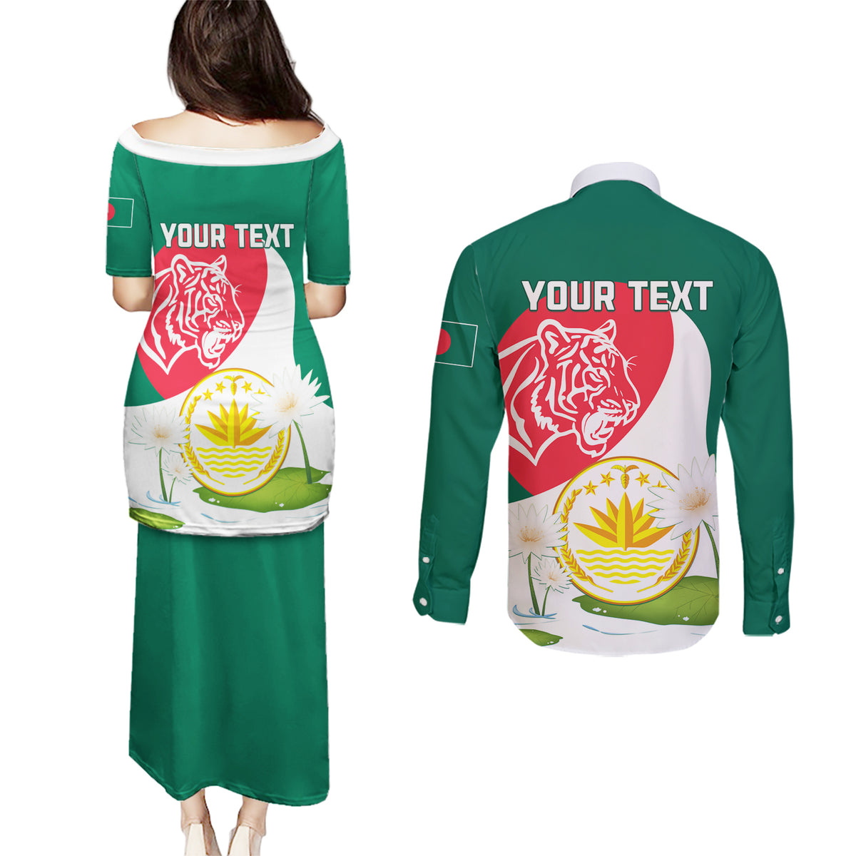Bangladesh Independence Day Couples Matching Puletasi and Long Sleeve Button Shirt Royal Bengal Tiger With Water Lily - Wonder Print Shop
