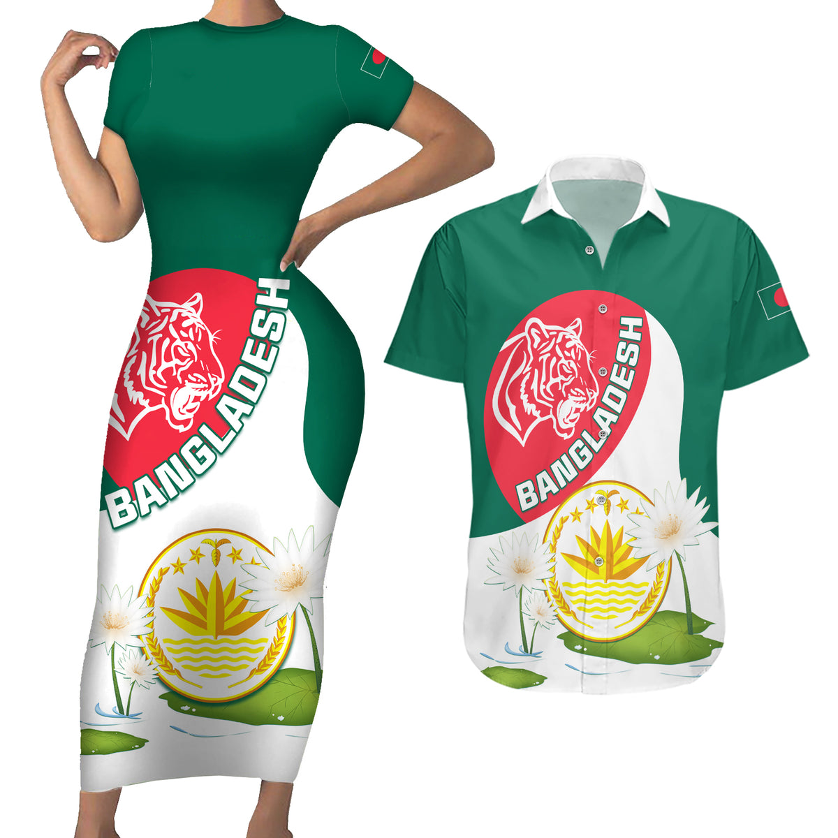 Bangladesh Independence Day Couples Matching Short Sleeve Bodycon Dress and Hawaiian Shirt Royal Bengal Tiger With Water Lily - Wonder Print Shop