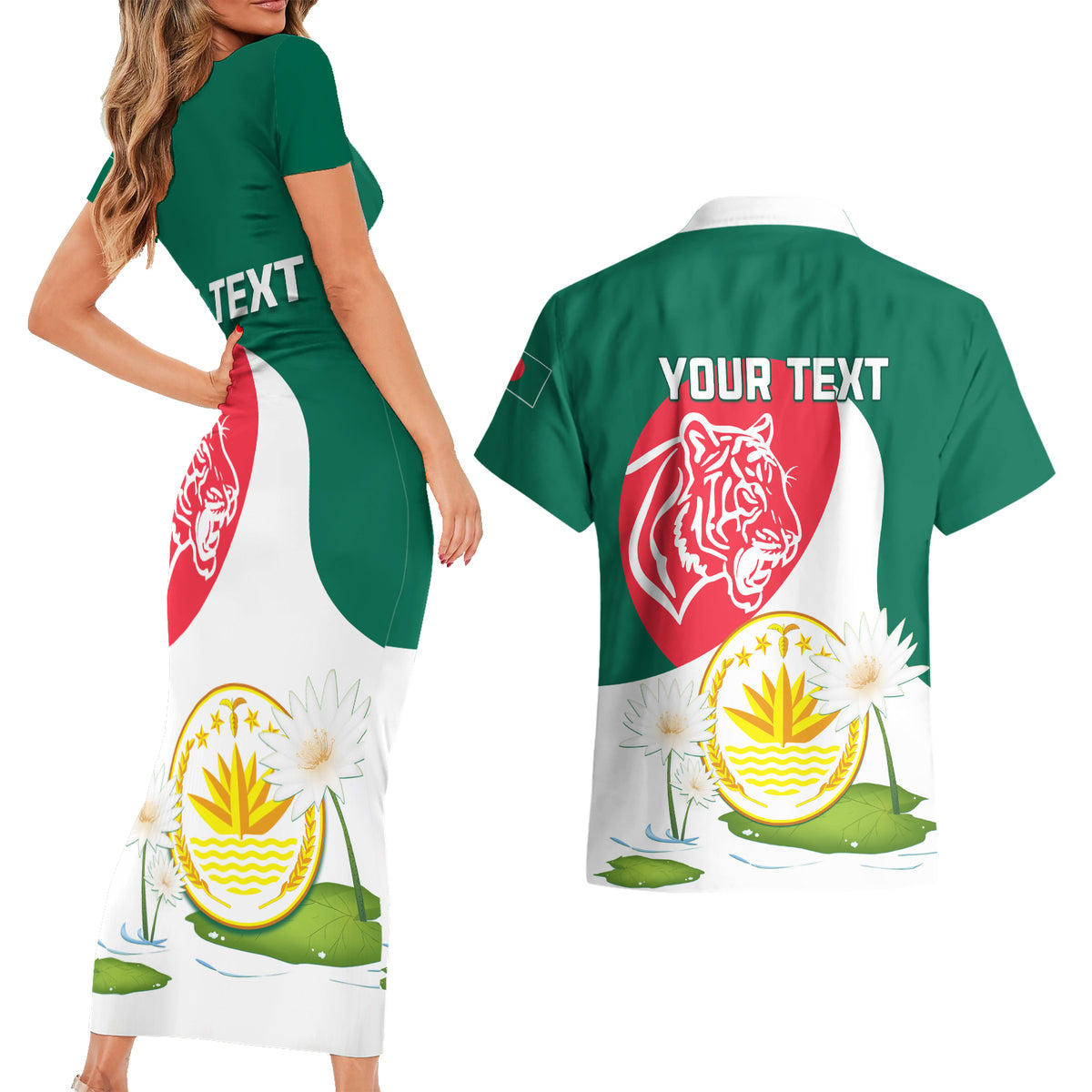 Bangladesh Independence Day Couples Matching Short Sleeve Bodycon Dress and Hawaiian Shirt Royal Bengal Tiger With Water Lily - Wonder Print Shop