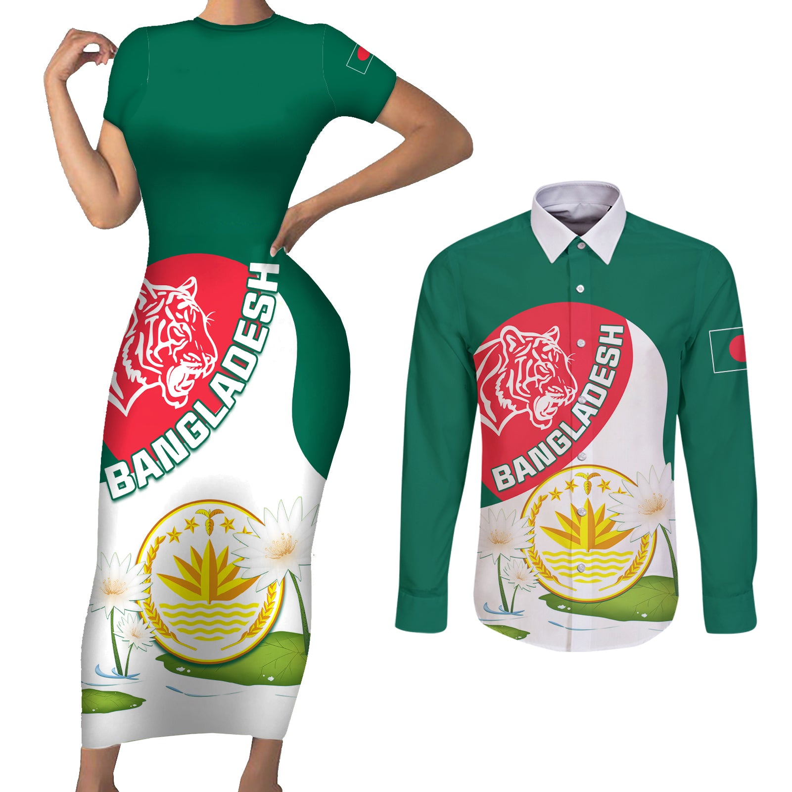 Bangladesh Independence Day Couples Matching Short Sleeve Bodycon Dress and Long Sleeve Button Shirt Royal Bengal Tiger With Water Lily