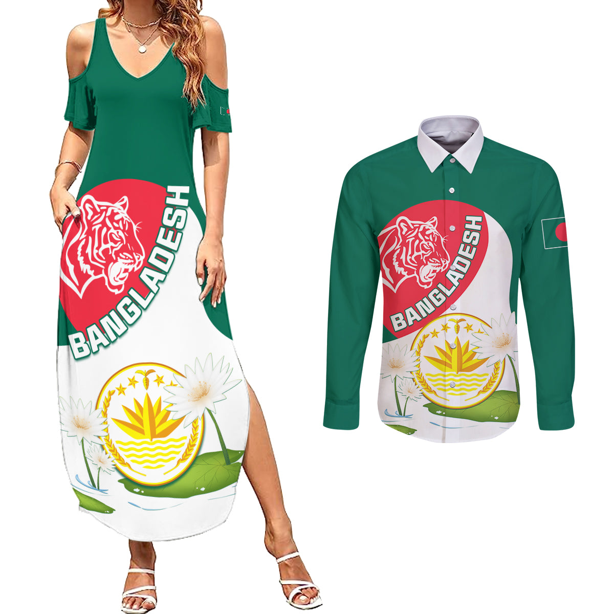 Bangladesh Independence Day Couples Matching Summer Maxi Dress and Long Sleeve Button Shirt Royal Bengal Tiger With Water Lily