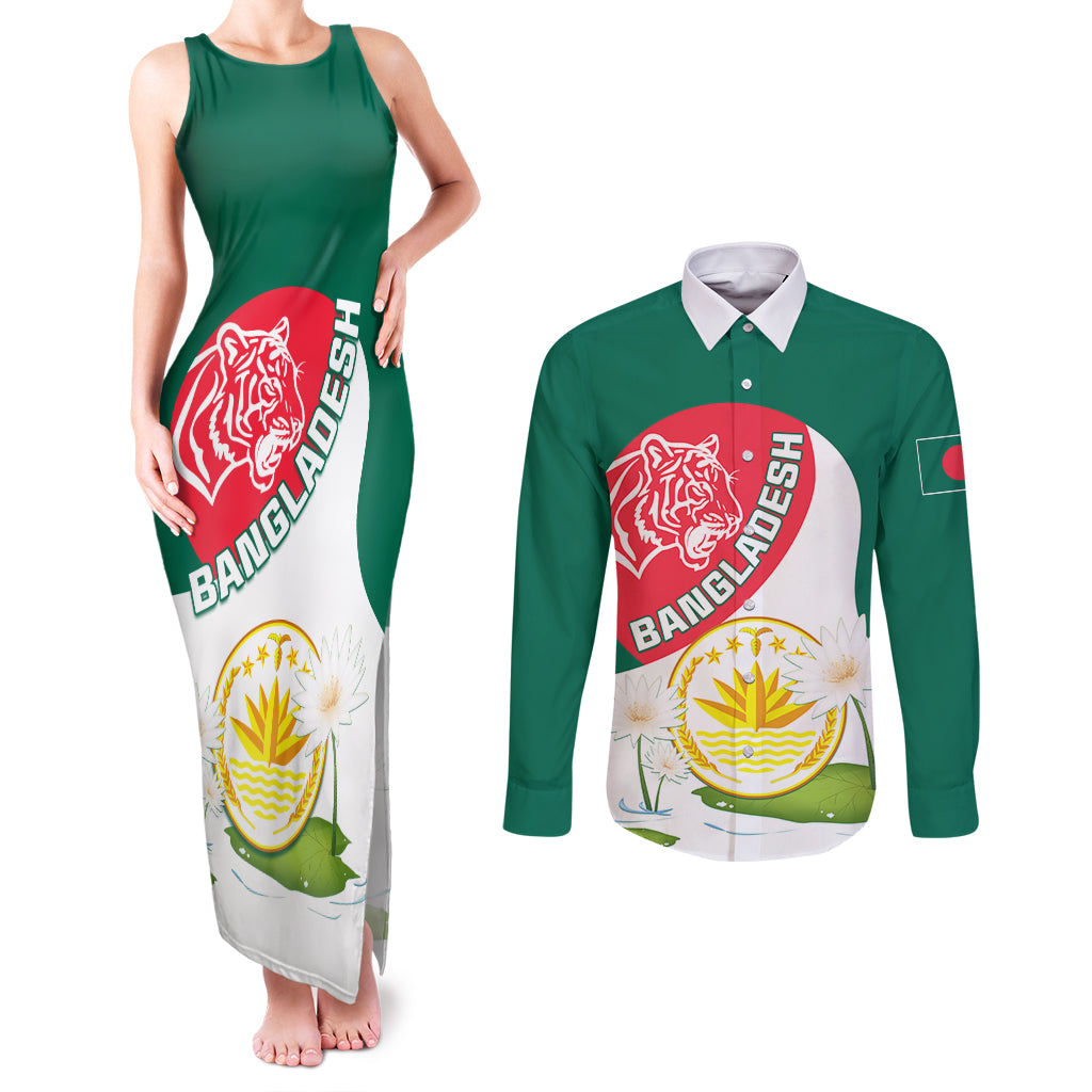 Bangladesh Independence Day Couples Matching Tank Maxi Dress and Long Sleeve Button Shirt Royal Bengal Tiger With Water Lily