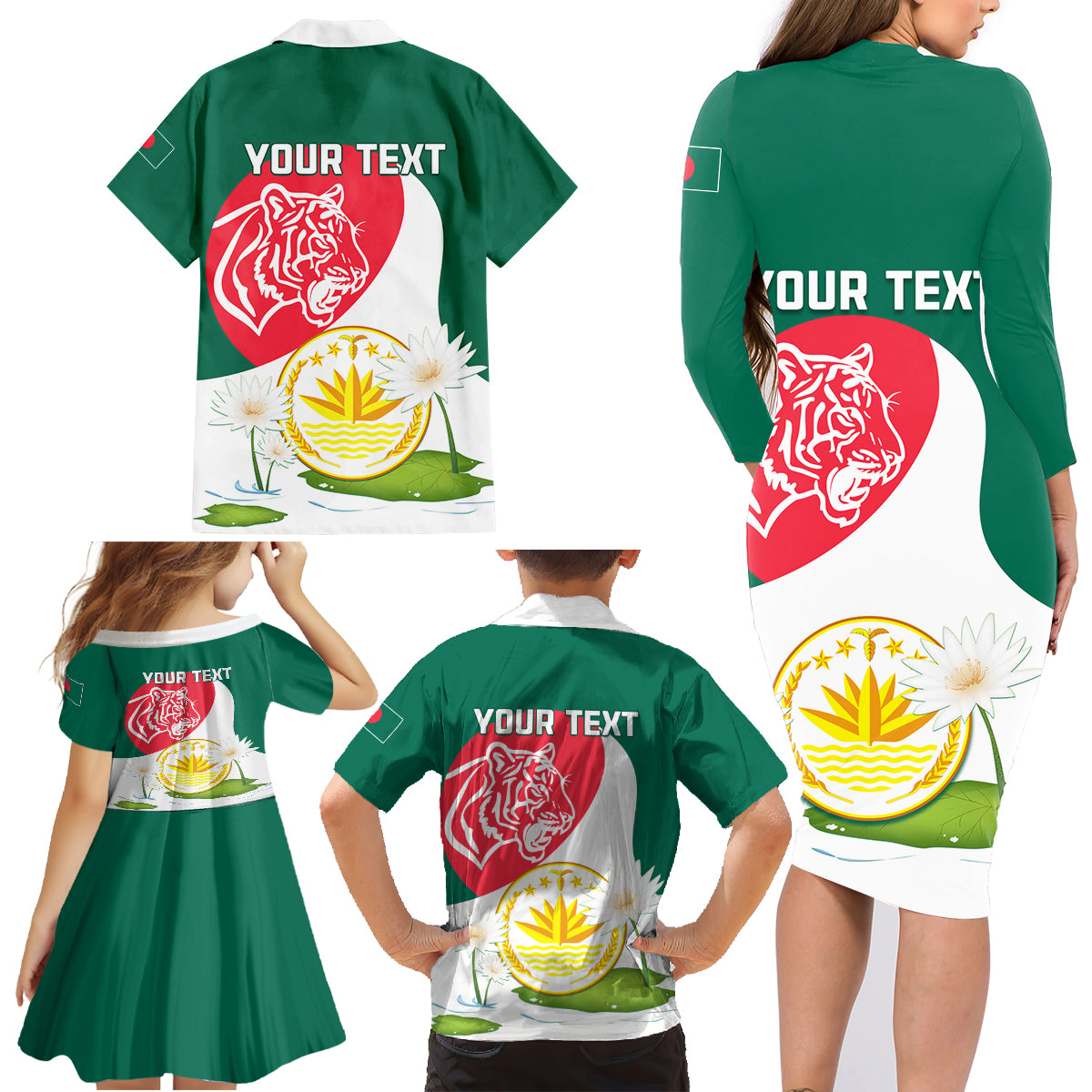 Bangladesh Independence Day Family Matching Long Sleeve Bodycon Dress and Hawaiian Shirt Royal Bengal Tiger With Water Lily - Wonder Print Shop