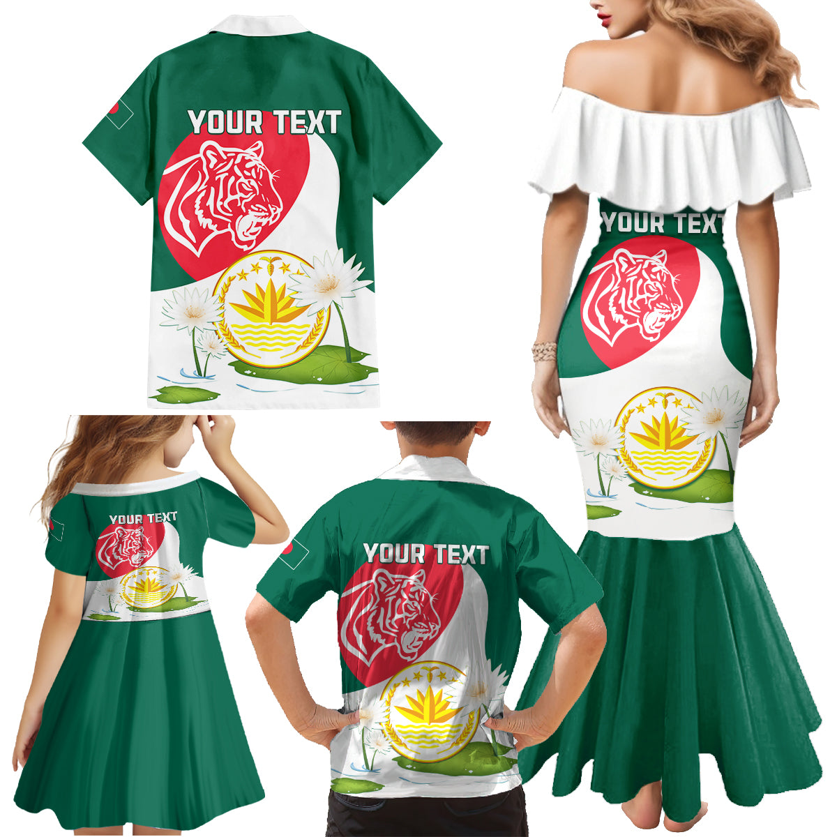 Bangladesh Independence Day Family Matching Mermaid Dress and Hawaiian Shirt Royal Bengal Tiger With Water Lily - Wonder Print Shop