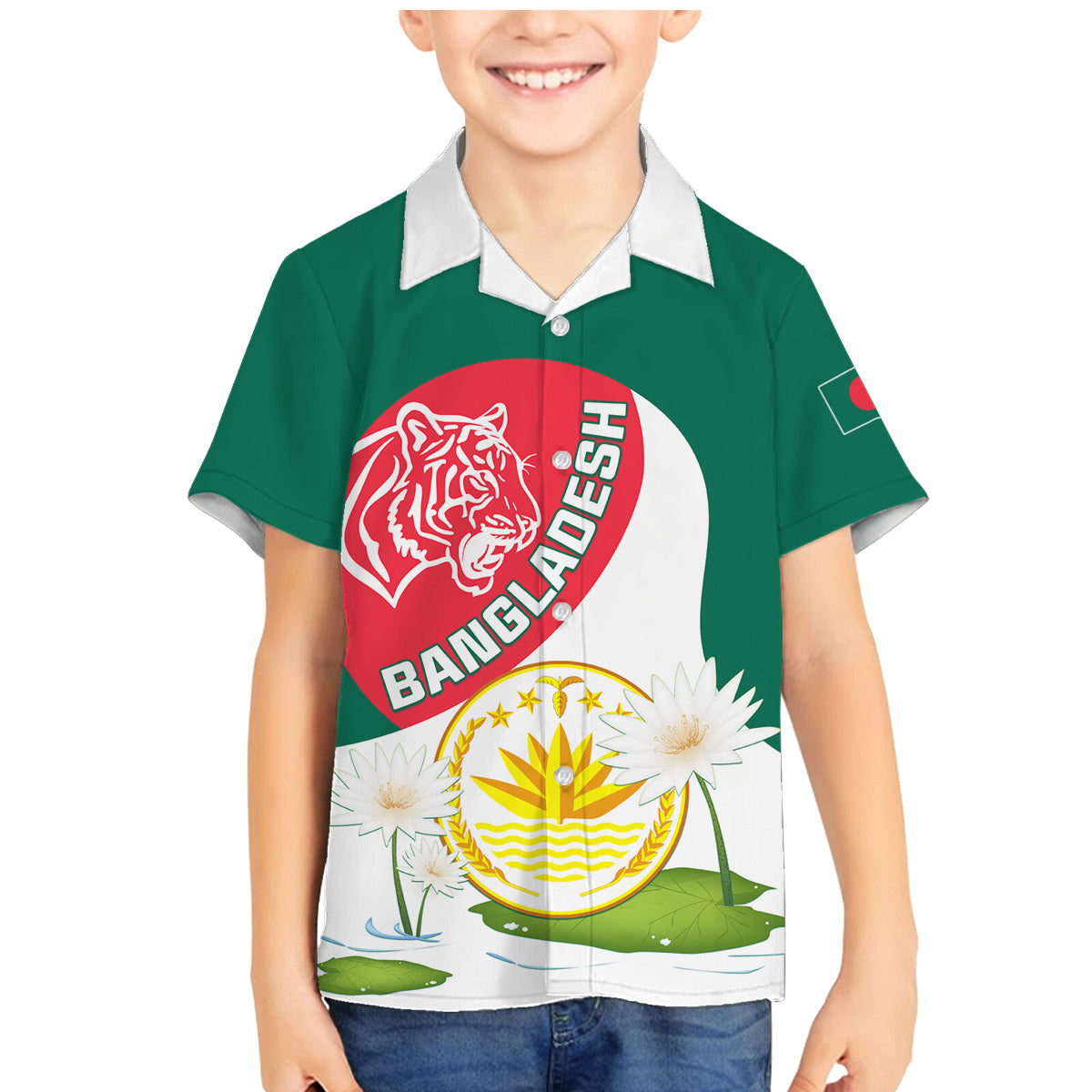 Bangladesh Independence Day Family Matching Mermaid Dress and Hawaiian Shirt Royal Bengal Tiger With Water Lily - Wonder Print Shop