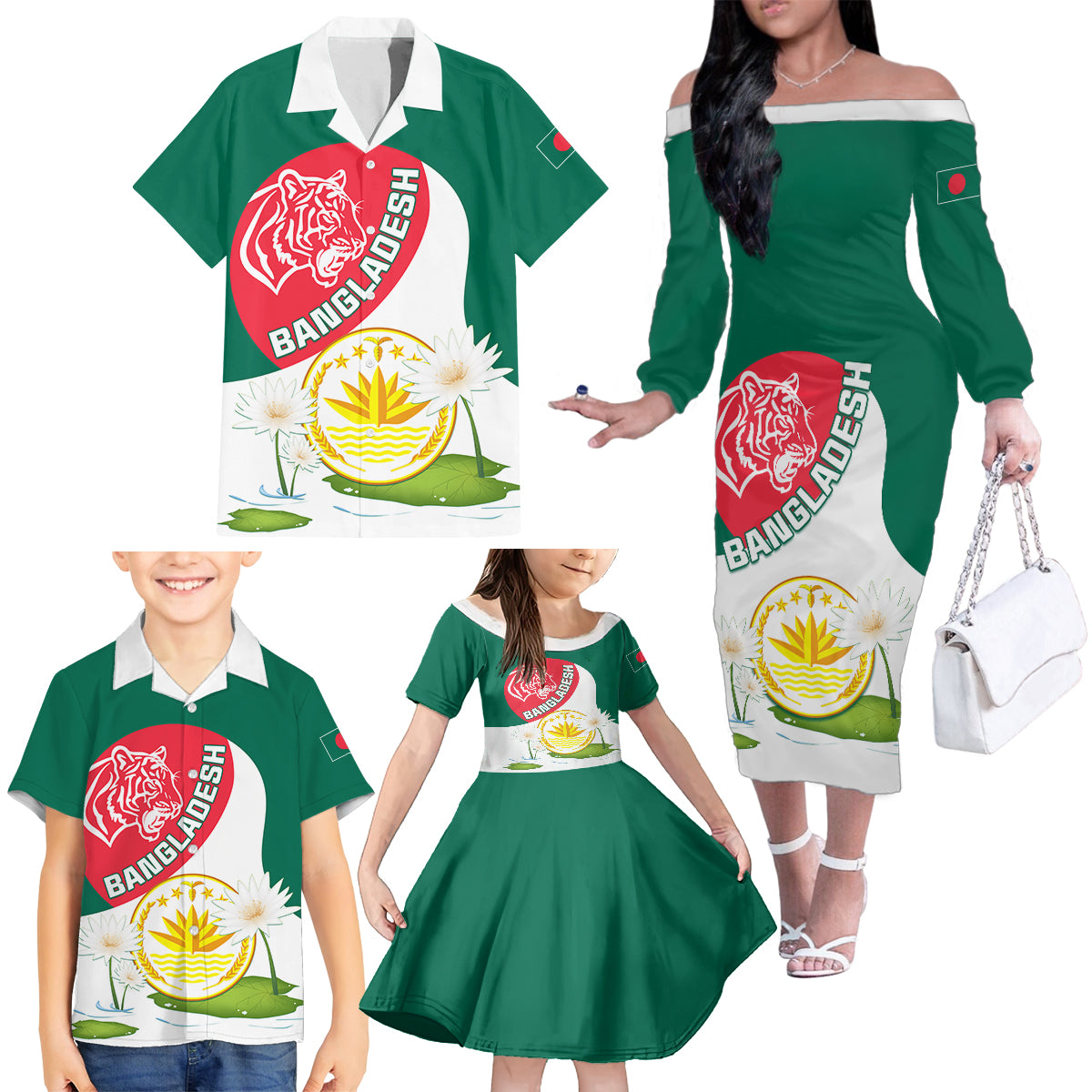 Bangladesh Independence Day Family Matching Off Shoulder Long Sleeve Dress and Hawaiian Shirt Royal Bengal Tiger With Water Lily - Wonder Print Shop