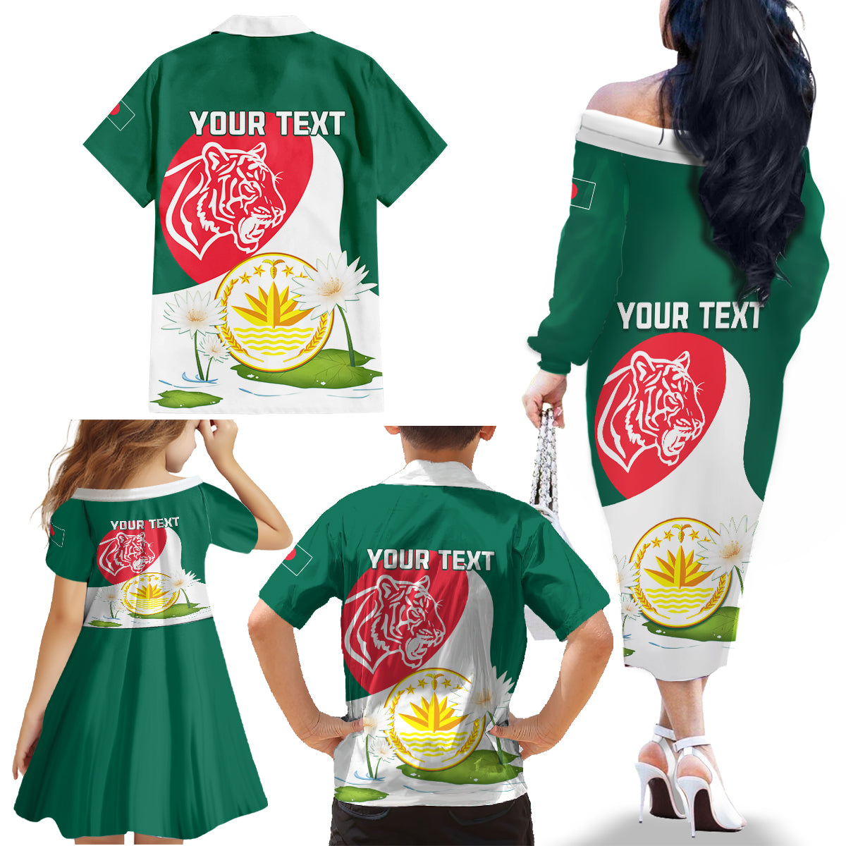 Bangladesh Independence Day Family Matching Off Shoulder Long Sleeve Dress and Hawaiian Shirt Royal Bengal Tiger With Water Lily - Wonder Print Shop