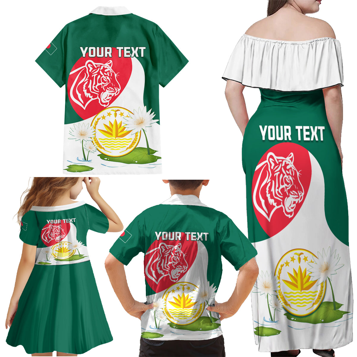 Bangladesh Independence Day Family Matching Off Shoulder Maxi Dress and Hawaiian Shirt Royal Bengal Tiger With Water Lily - Wonder Print Shop