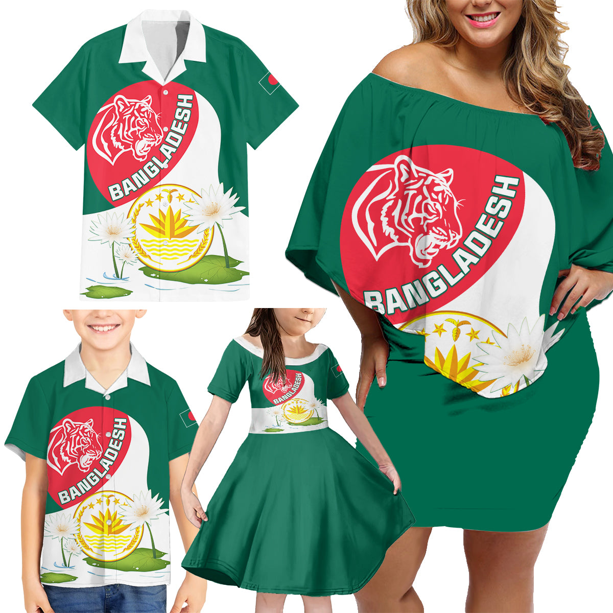 Bangladesh Independence Day Family Matching Off Shoulder Short Dress and Hawaiian Shirt Royal Bengal Tiger With Water Lily - Wonder Print Shop