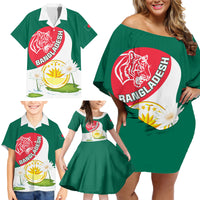 Bangladesh Independence Day Family Matching Off Shoulder Short Dress and Hawaiian Shirt Royal Bengal Tiger With Water Lily - Wonder Print Shop