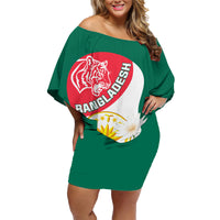 Bangladesh Independence Day Family Matching Off Shoulder Short Dress and Hawaiian Shirt Royal Bengal Tiger With Water Lily - Wonder Print Shop