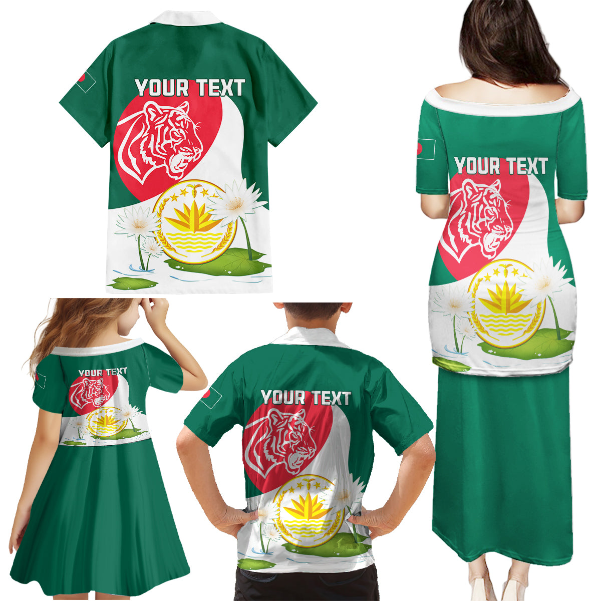 Bangladesh Independence Day Family Matching Puletasi and Hawaiian Shirt Royal Bengal Tiger With Water Lily - Wonder Print Shop