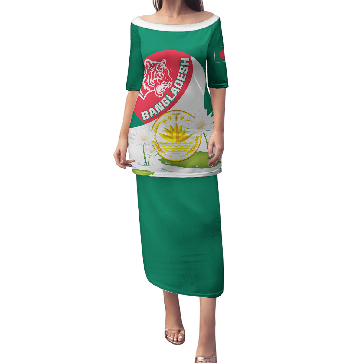 Bangladesh Independence Day Family Matching Puletasi and Hawaiian Shirt Royal Bengal Tiger With Water Lily - Wonder Print Shop