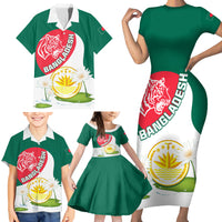 Bangladesh Independence Day Family Matching Short Sleeve Bodycon Dress and Hawaiian Shirt Royal Bengal Tiger With Water Lily - Wonder Print Shop