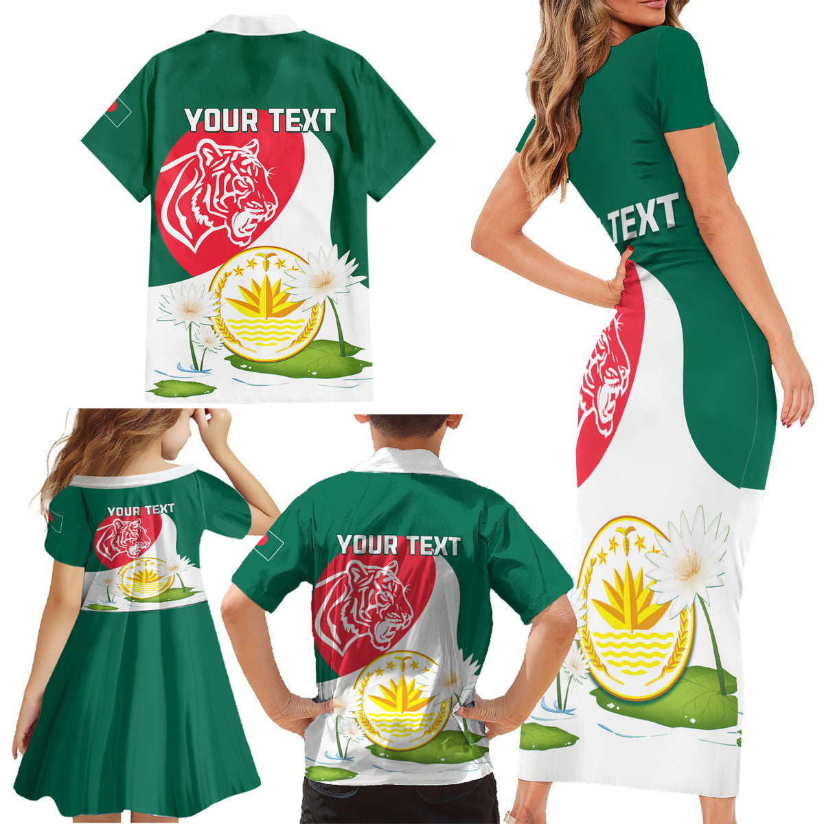 Bangladesh Independence Day Family Matching Short Sleeve Bodycon Dress and Hawaiian Shirt Royal Bengal Tiger With Water Lily - Wonder Print Shop