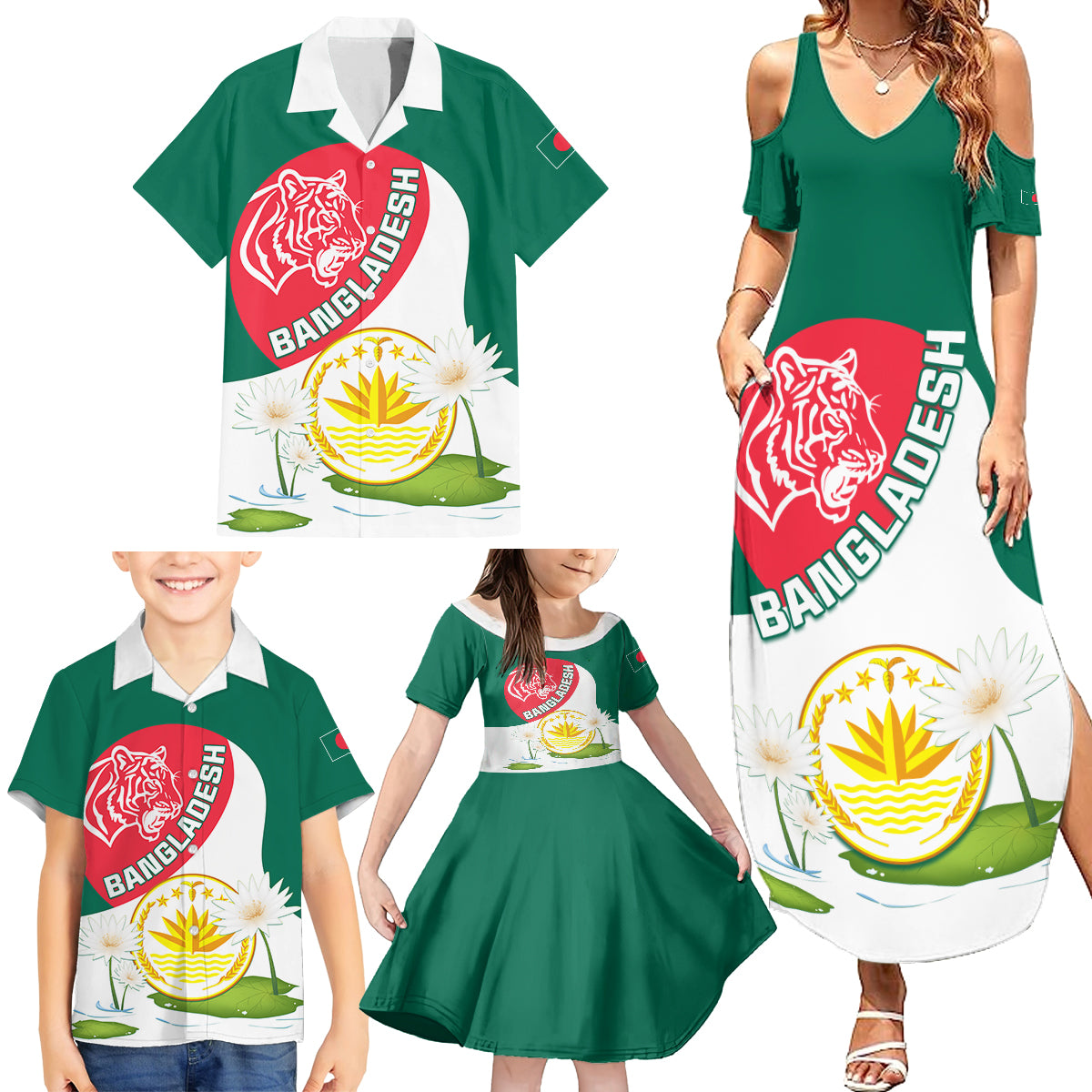 Bangladesh Independence Day Family Matching Summer Maxi Dress and Hawaiian Shirt Royal Bengal Tiger With Water Lily - Wonder Print Shop