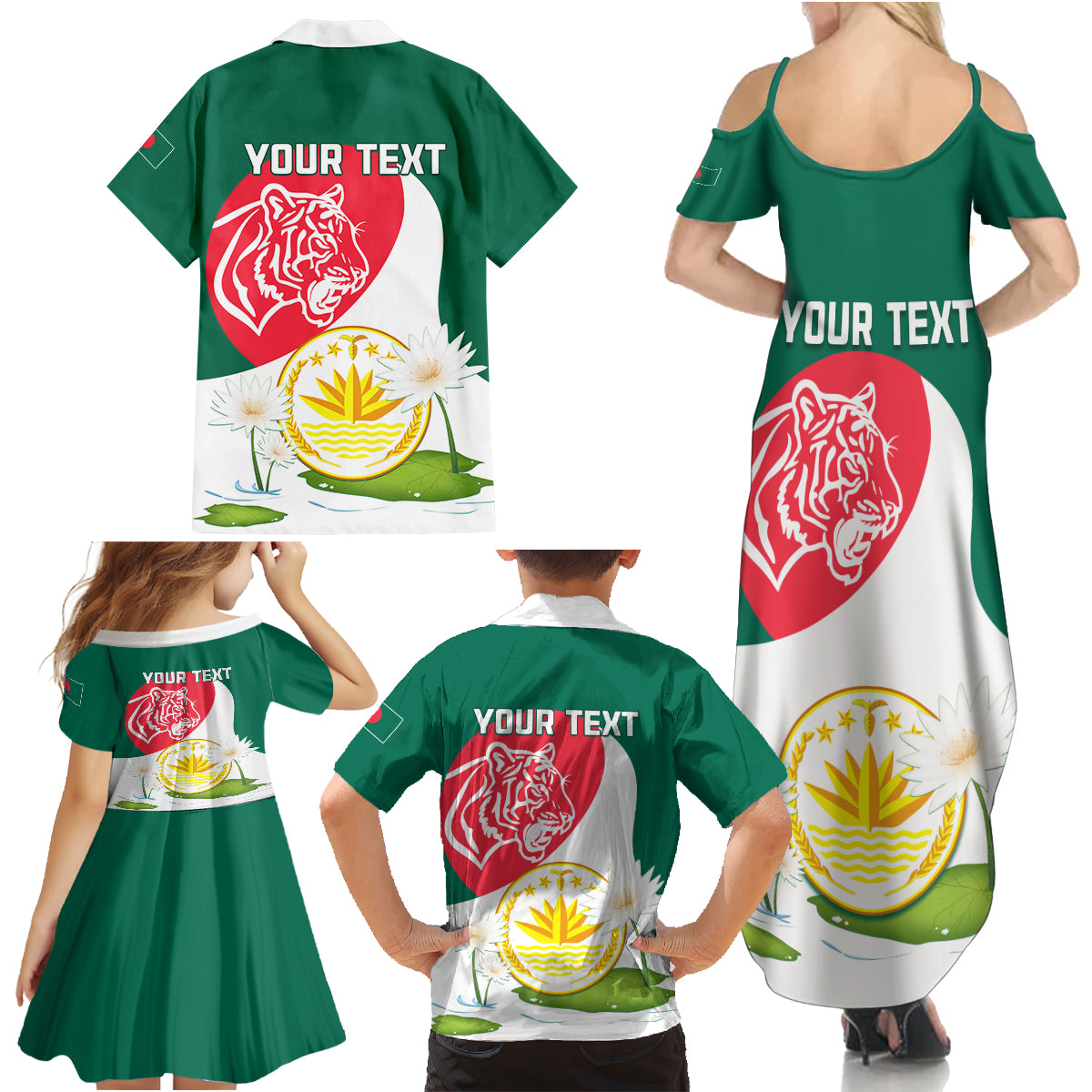 Bangladesh Independence Day Family Matching Summer Maxi Dress and Hawaiian Shirt Royal Bengal Tiger With Water Lily - Wonder Print Shop