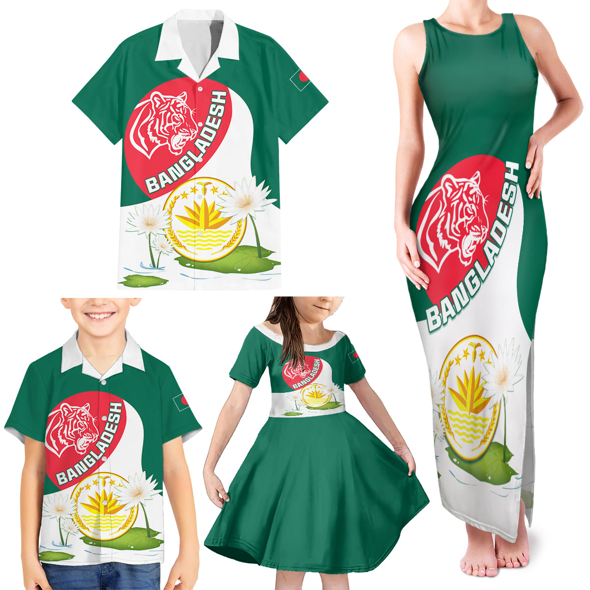 Bangladesh Independence Day Family Matching Tank Maxi Dress and Hawaiian Shirt Royal Bengal Tiger With Water Lily - Wonder Print Shop