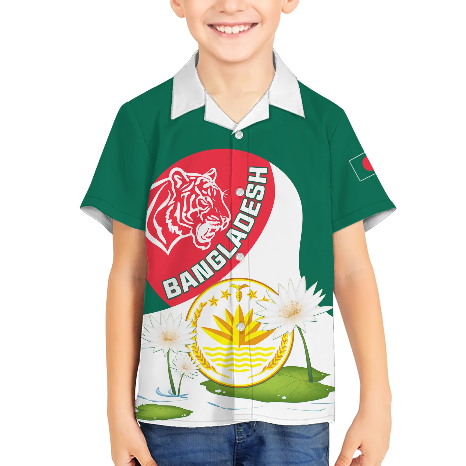 Bangladesh Independence Day Kid Hawaiian Shirt Royal Bengal Tiger With Water Lily - Wonder Print Shop