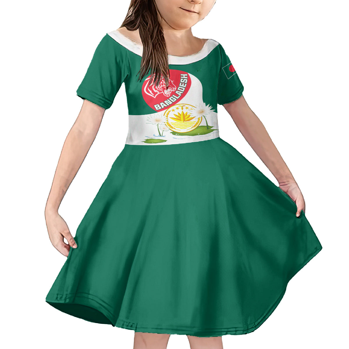 Bangladesh Independence Day Kid Short Sleeve Dress Royal Bengal Tiger With Water Lily - Wonder Print Shop