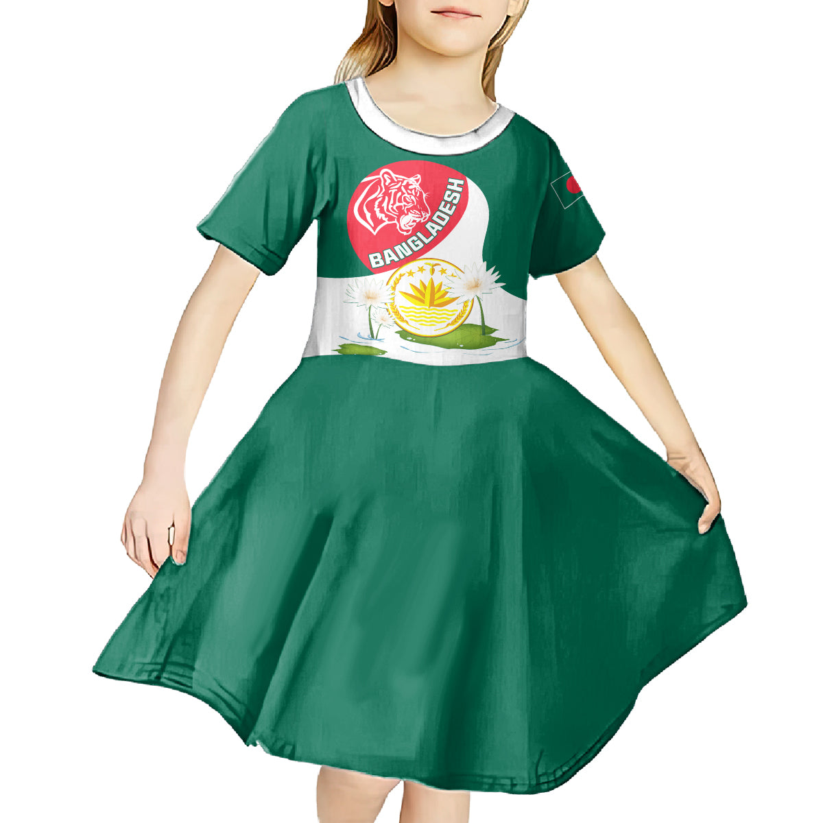 Bangladesh Independence Day Kid Short Sleeve Dress Royal Bengal Tiger With Water Lily - Wonder Print Shop