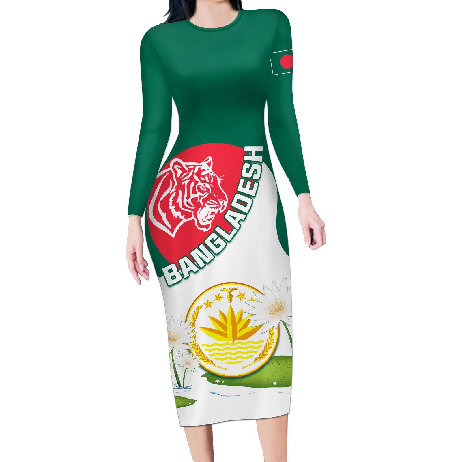 Bangladesh Independence Day Long Sleeve Bodycon Dress Royal Bengal Tiger With Water Lily