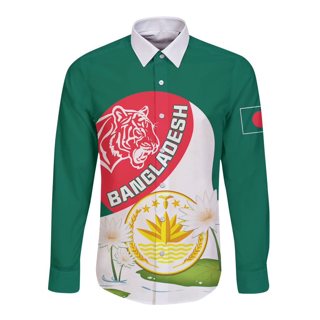 Bangladesh Independence Day Long Sleeve Button Shirt Royal Bengal Tiger With Water Lily