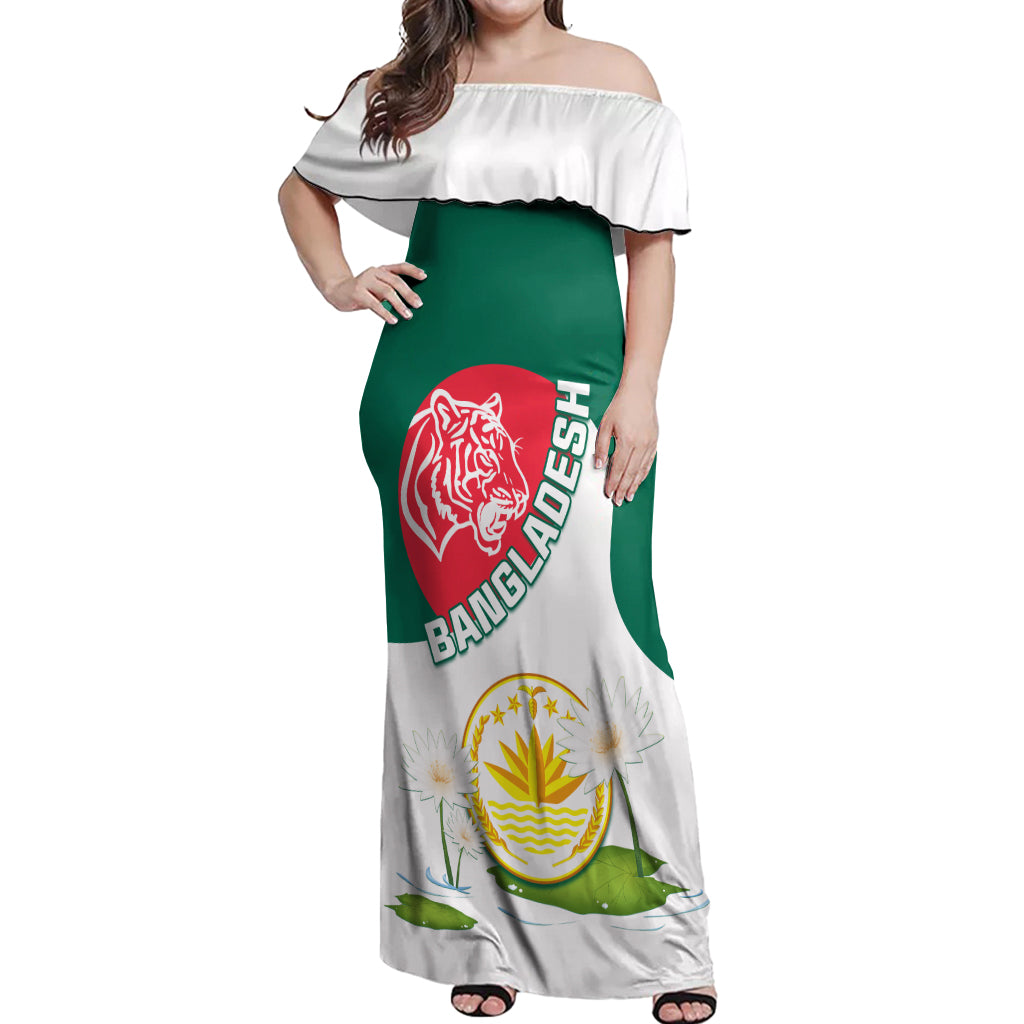 Bangladesh Independence Day Off Shoulder Maxi Dress Royal Bengal Tiger With Water Lily