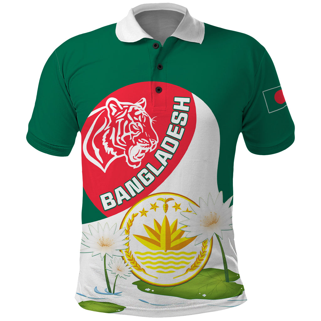 Bangladesh Independence Day Polo Shirt Royal Bengal Tiger With Water Lily