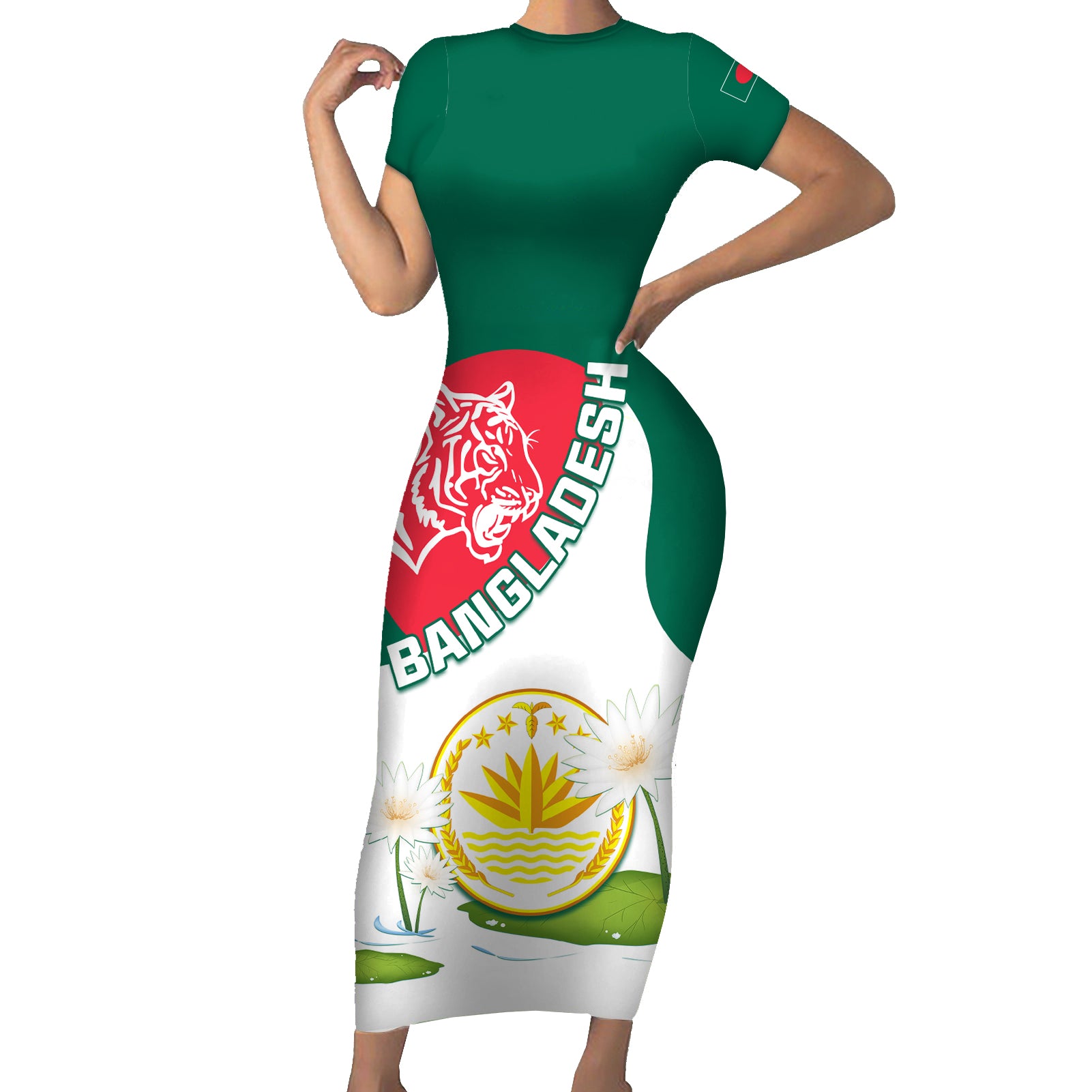 Bangladesh Independence Day Short Sleeve Bodycon Dress Royal Bengal Tiger With Water Lily - Wonder Print Shop