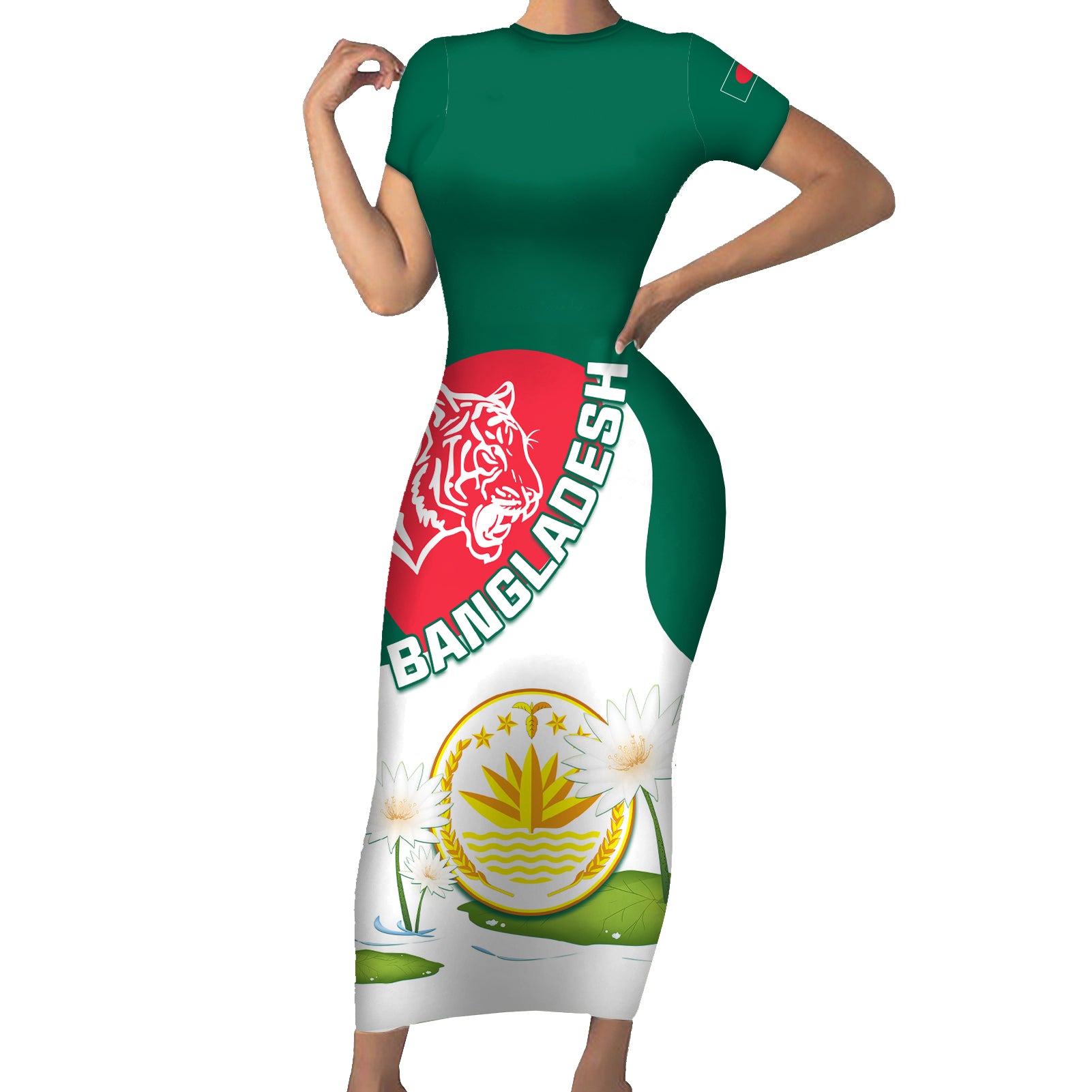 Bangladesh Independence Day Short Sleeve Bodycon Dress Royal Bengal Tiger With Water Lily