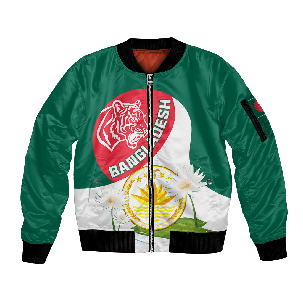 Bangladesh Independence Day Sleeve Zip Bomber Jacket Royal Bengal Tiger With Water Lily