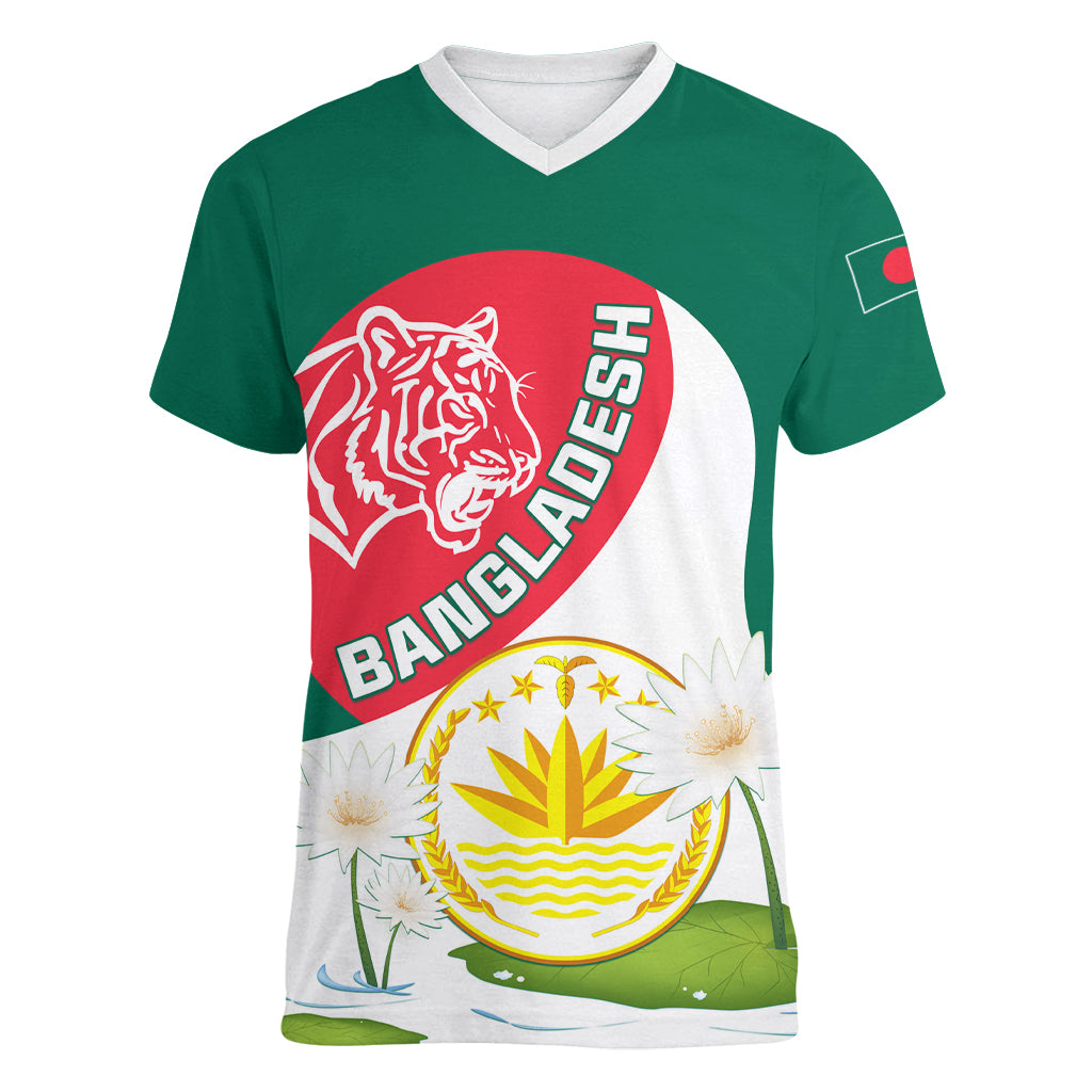 Bangladesh Independence Day Women V Neck T Shirt Royal Bengal Tiger With Water Lily